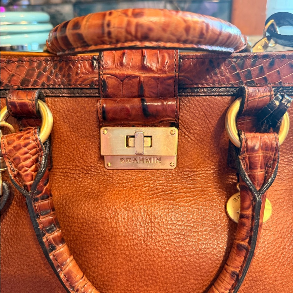 Brahmin Tan and Croc-Trim Leather Satchel with Gold Hardware/ Crossbody Strap - Picture 3 of 9